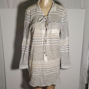 Blue Island Tan and cream Striped Swim Coverup Long Sleeve Tunic Sz M